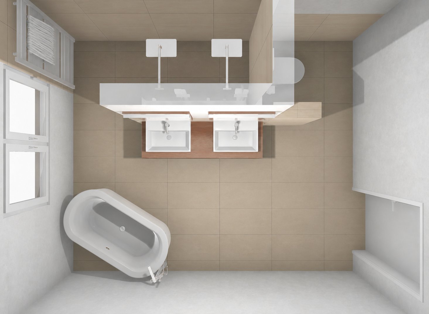 Dreidimensionale Badplanung als Draufsicht mit Doppelwaschtisch, Badewanne, bodengleicher Dusche mit Sitzbank und Handtuchheizkoerper
