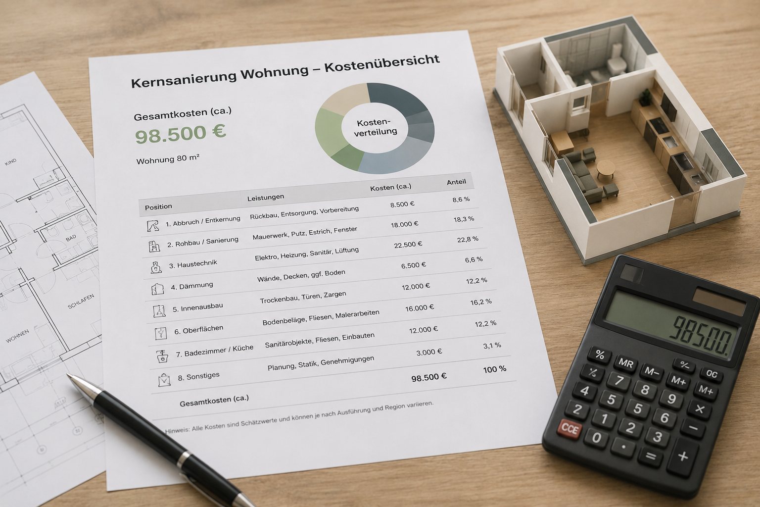 Kostenübersicht einer Kernsanierung mit Kostenverteilung und Grundriss